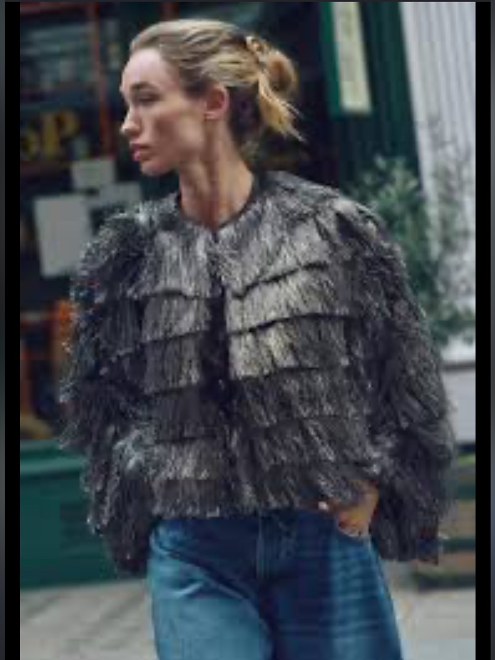 Zara Black Metallic Fringe Teddy Jacket